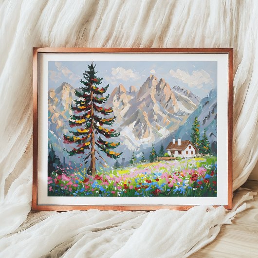 Levendig schilderij Mountain Wildflower Cabin Art Poster