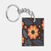 Levendig Sinaasappel Bloempatroon op Donkere Achte Sleutelhanger (Voorkant Links)