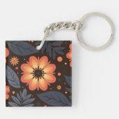 Levendig Sinaasappel Bloempatroon op Donkere Achte Sleutelhanger (Achterkant)