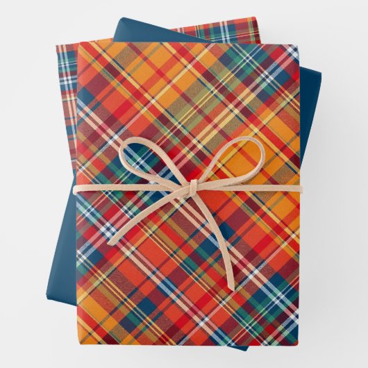 Levendig Sinaasappel, rood & blauw Plaid Inpakpapier Vel (In situ)