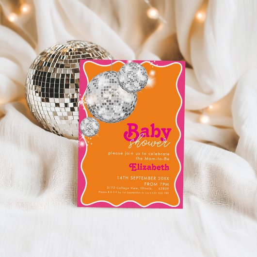 Levendig Sinaasappel Roze Disco Ball Baby shower D Kaart