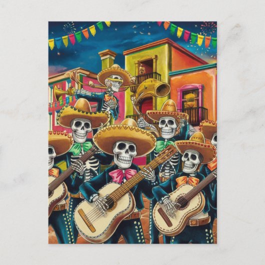 Levendig Skelet Mariachi Band Día de Los muertos Feestdagenkaart (Voorkant)