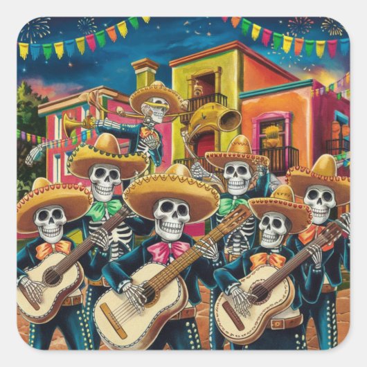 Levendig Skelet Mariachi Band Día de Los muertos Vierkante Sticker (Voorkant)