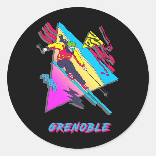 Levendig ski-ontwerp met Grenoble-tekst ski Ronde Sticker (Voorkant)
