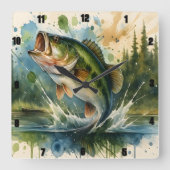Levendig springen Bass Lake geïllustreerd Vierkante Klok (Voorkant)