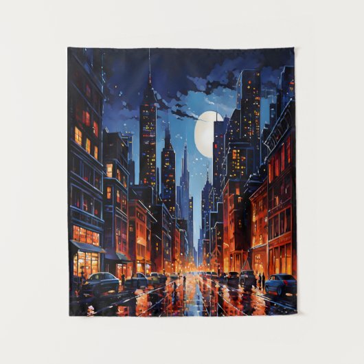 Levendig stadsbeeld bij Night Urban Art Wandkleed (Voorkant)
