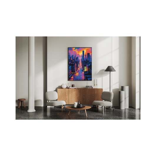 Levendig stadsbeeld bij Sunset Neon Lights Digital Foto Afdruk