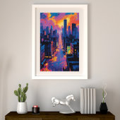 Levendig stadsbeeld bij Sunset Neon Lights Digital Foto Afdruk