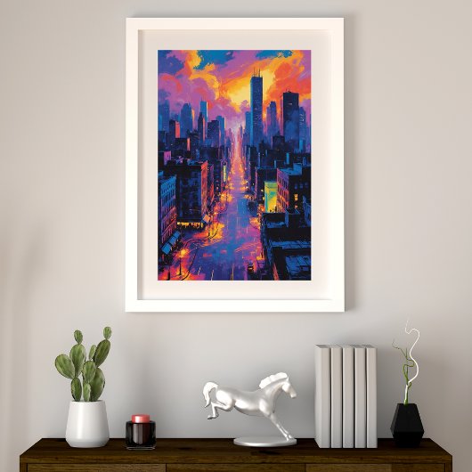 Levendig stadsbeeld bij Sunset Neon Lights Digital Foto Afdruk