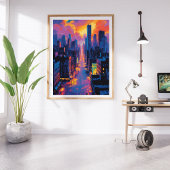 Levendig stadsbeeld bij Sunset Neon Lights Digital Foto Afdruk