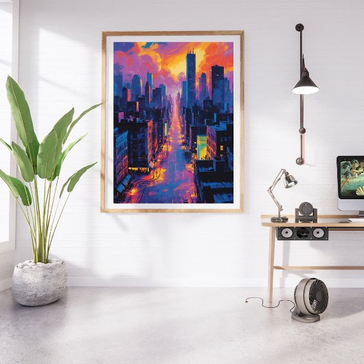 Levendig stadsbeeld bij Sunset Neon Lights Digital Foto Afdruk