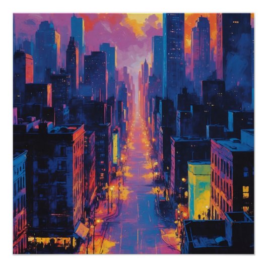Levendig stadsbeeld bij Sunset Neon Lights Digital Perfect Poster (Voorkant)