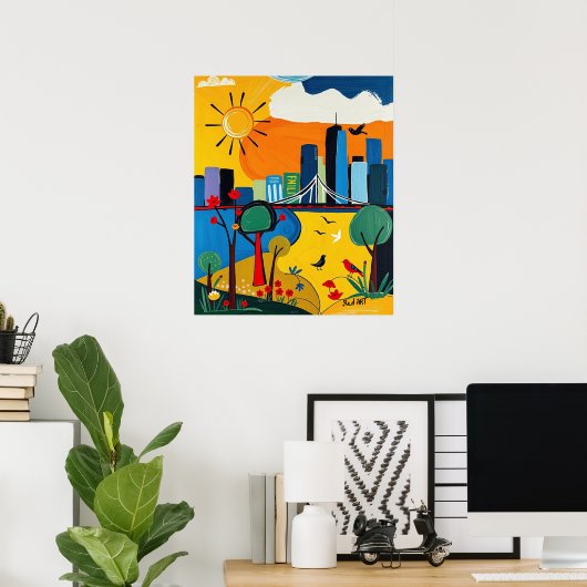 Levendig stadsbeeld dat stad en Natuur combineert Poster (Thuiskantoor)