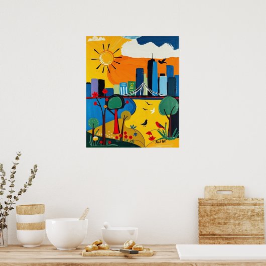 Levendig stadsbeeld dat stad en Natuur combineert Poster (Keuken)