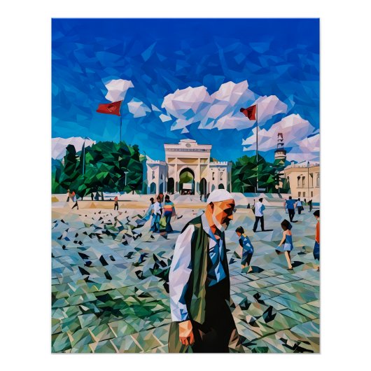 Levendig stadsplein met mensen en vlaggen perfect poster (Voorkant)