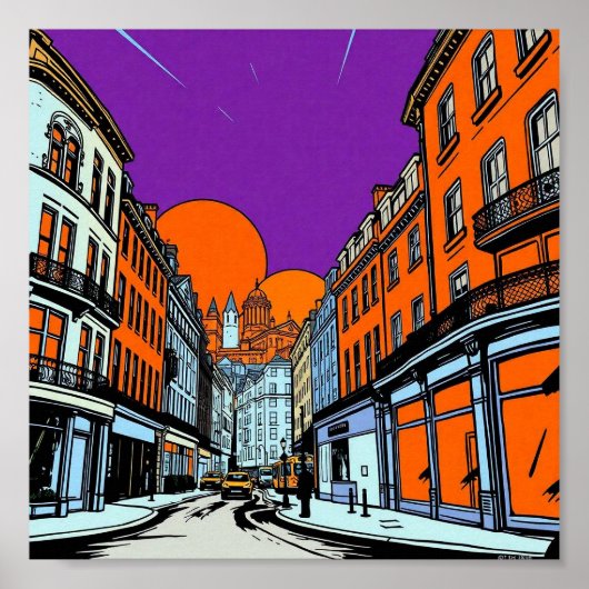 Levendig Stedelijk Zonsondergang Stadssilhouet Art Poster (Voorkant)
