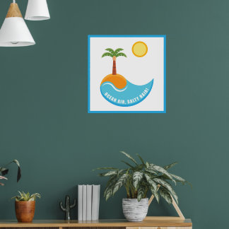 Levendig strand en oceaan lucht palmboom illustrat poster