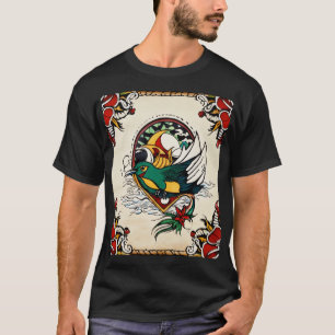 Levendig Tattoo-geïnspireerd Bird & Floral Art T-s T-shirt