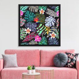 Levendig Tropisch Bladeren en Bloemen Patroon Canvas Afdruk