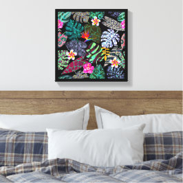 Levendig Tropisch Bladeren en Bloemen Patroon Canvas Afdruk