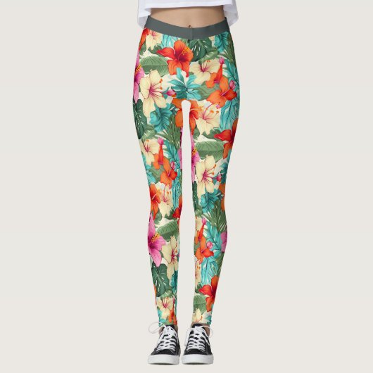 Levendig tropisch bloemenpatroon leggings (Voorkant)