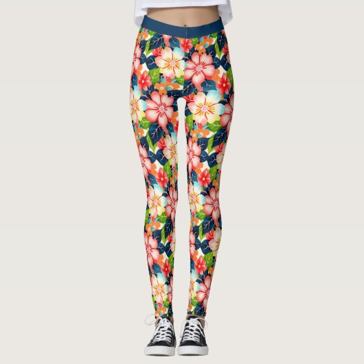 Levendig tropisch bloemenpatroon leggings (Voorkant)