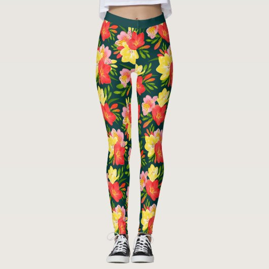 Levendig tropisch bloemenpatroon leggings (Voorkant)
