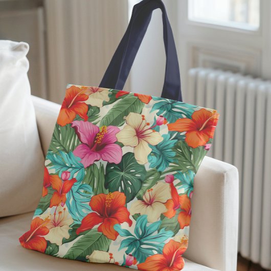 Levendig tropisch bloemenpatroon tote bag