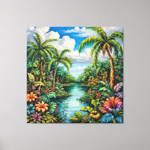 Levendig Tropisch Landschap met Palmbomen Canvas Afdruk