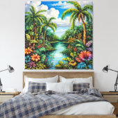 Levendig Tropisch Landschap met Palmbomen Canvas Afdruk (Insitu (Slaapkamer))