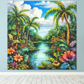 Levendig Tropisch Landschap met Palmbomen Canvas Afdruk (Insitu (Houten vloer))
