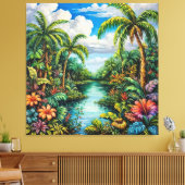 Levendig Tropisch Landschap met Palmbomen Canvas Afdruk (Insitu (Woonkamer))