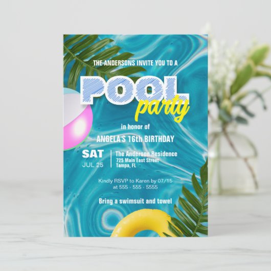 Levendig Tropisch Verjaardag Zomer Pool Party Kaart (Staand voorkant)