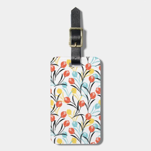 Levendig Tulp Patroon Bloemen Design op Wit Bagagelabel (Voorkant verticaal)