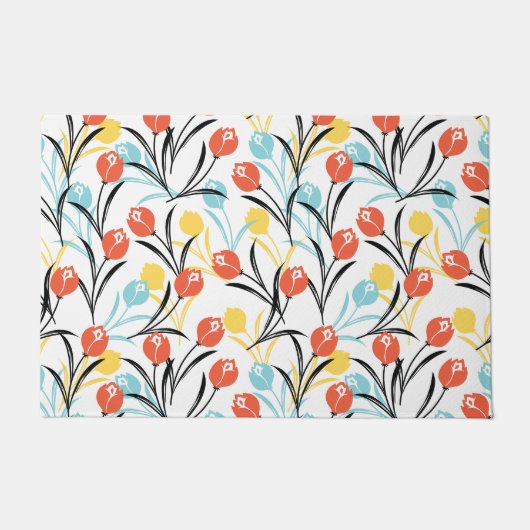 Levendig Tulp Patroon Bloemen Design op Wit Deurmat (Voorkant)