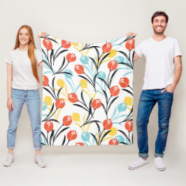 Levendig Tulp Patroon Bloemen Design op Wit Fleece Deken