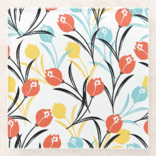 Levendig Tulp Patroon Bloemen Design op Wit Glazen Onderzetter