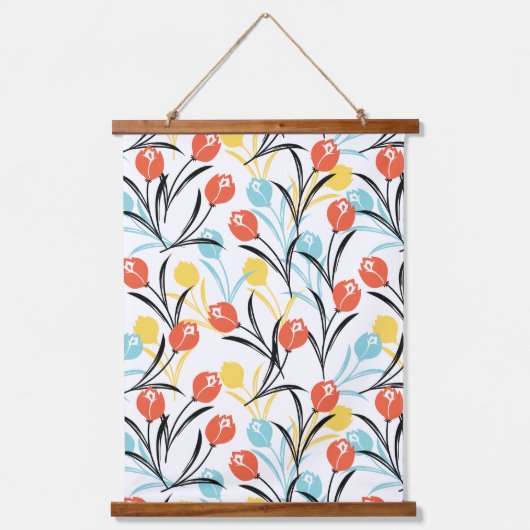 Levendig Tulp Patroon Bloemen Design op Wit Hangend Wandkleed (Voorkant)