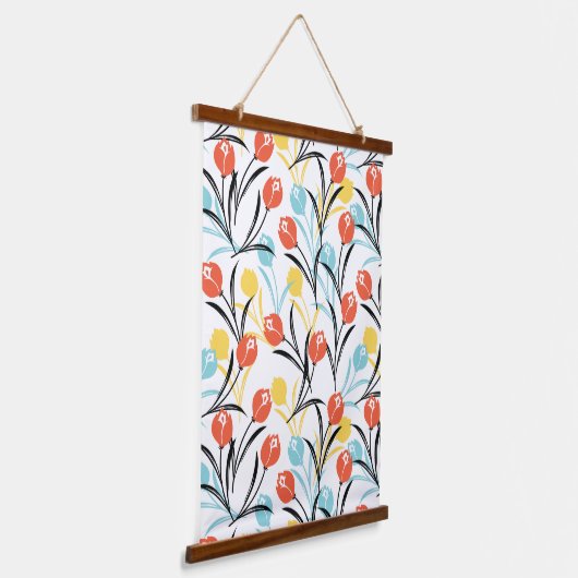Levendig Tulp Patroon Bloemen Design op Wit Hangend Wandkleed (Gebogen)