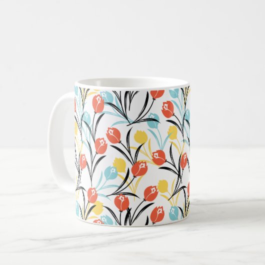 Levendig Tulp Patroon Bloemen Design op Wit Koffiemok (Voorkant links)