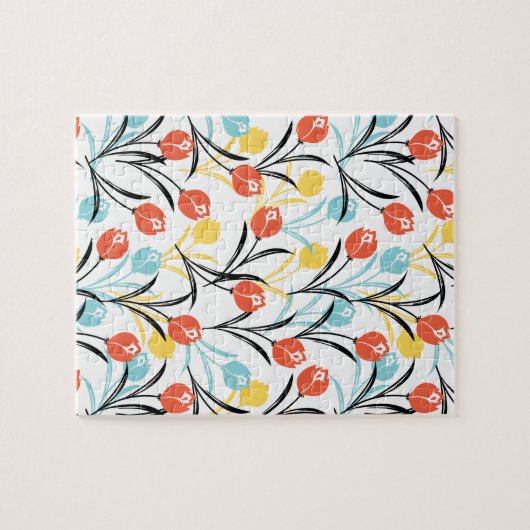 Levendig Tulp Patroon Bloemen Design op Wit Legpuzzel (Horizontaal)
