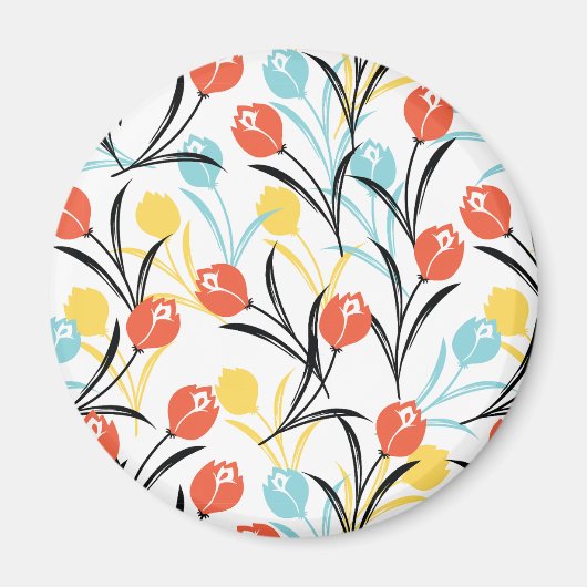 Levendig Tulp Patroon Bloemen Design op Wit Magneet (Voorkant)