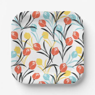 Levendig Tulp Patroon Bloemen Design op Wit Papieren Bordje