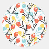 Levendig Tulp Patroon Bloemen Design op Wit Ronde Sticker (Voorkant)
