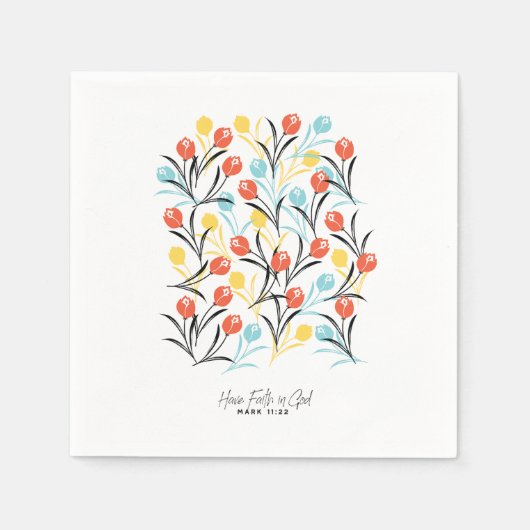 Levendig Tulp Patroon Bloemen Design op Wit Servet (Voorkant)