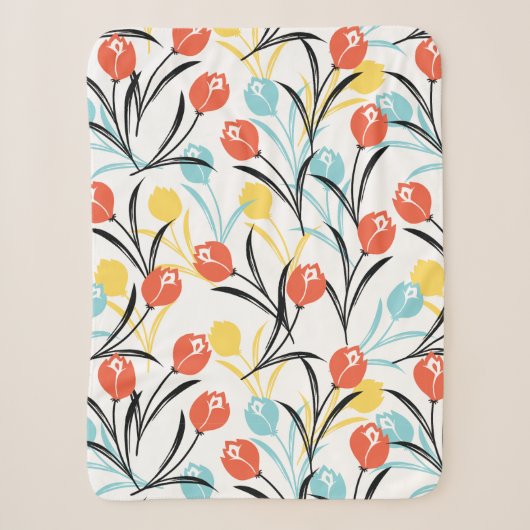 Levendig Tulp Patroon Bloemen Design op Wit Sherpa Deken (Voorkant)