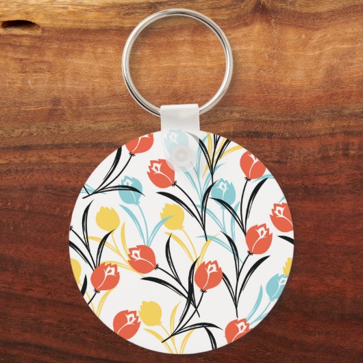 Levendig Tulp Patroon Bloemen Design op Wit Sleutelhanger (Achterkant)