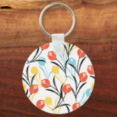 Levendig Tulp Patroon Bloemen Design op Wit Sleutelhanger (Voorkant)