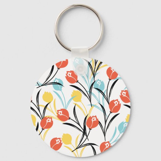 Levendig Tulp Patroon Bloemen Design op Wit Sleutelhanger (Achterkant)