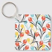 Levendig Tulp Patroon Bloemen Design op Wit Sleutelhanger (Voorkant)